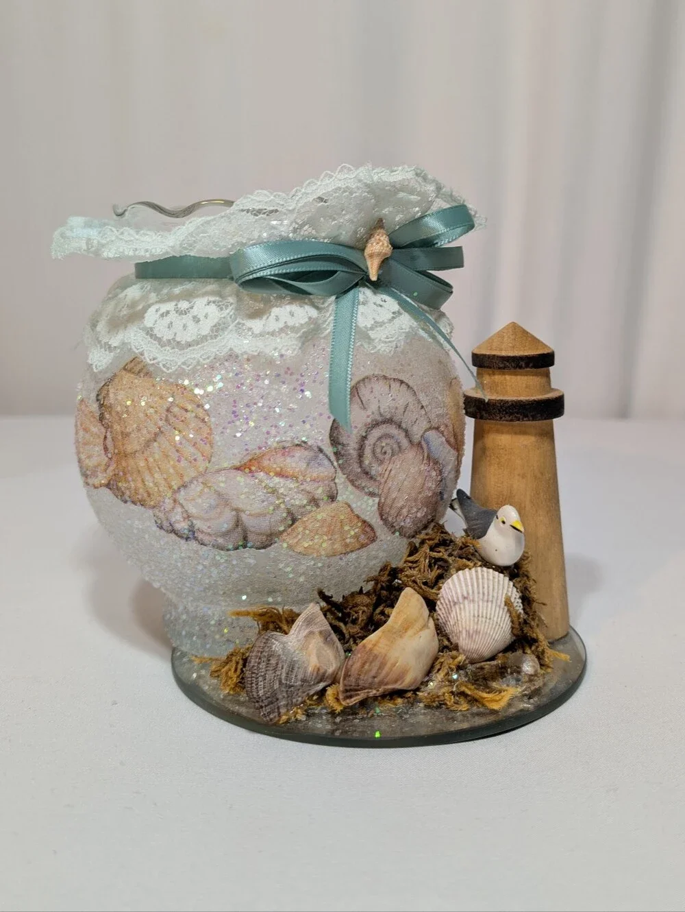 Mirror Candle Holder beachy glittery glitter 5 in 12.7 cm beach seagull lace bow